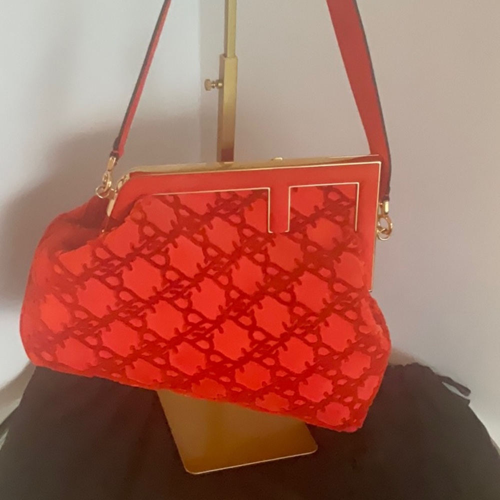 FENDI First Medium Camoscio Ricamo Karligraphy Tulipano Soft Suede Shoulder Bag